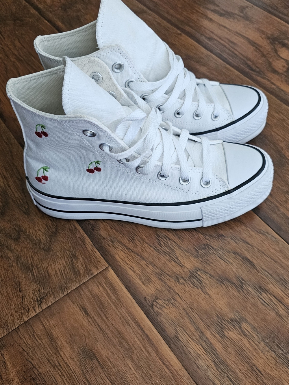 Women's Converse White High-Top Sneakers with Red Cherry Embroidery